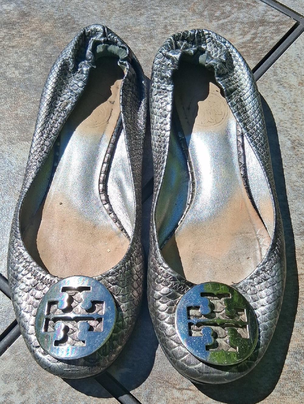Tory Burch Metallic Pewter Logo Ballet Flats